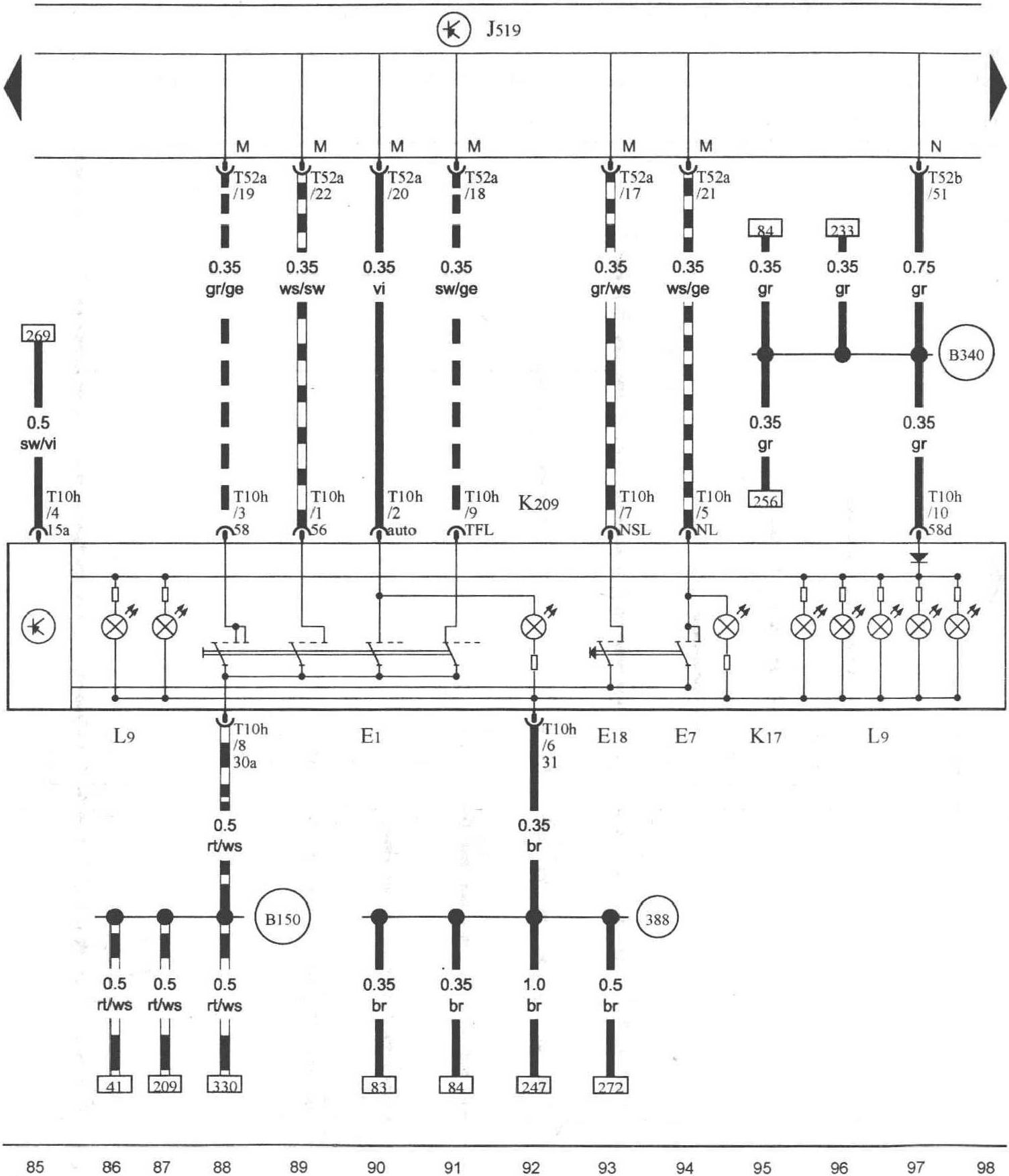 图3-4-32 车灯开关、前雾灯开关、后雾灯开关、车载电网控制单元、自动车灯控制指示灯